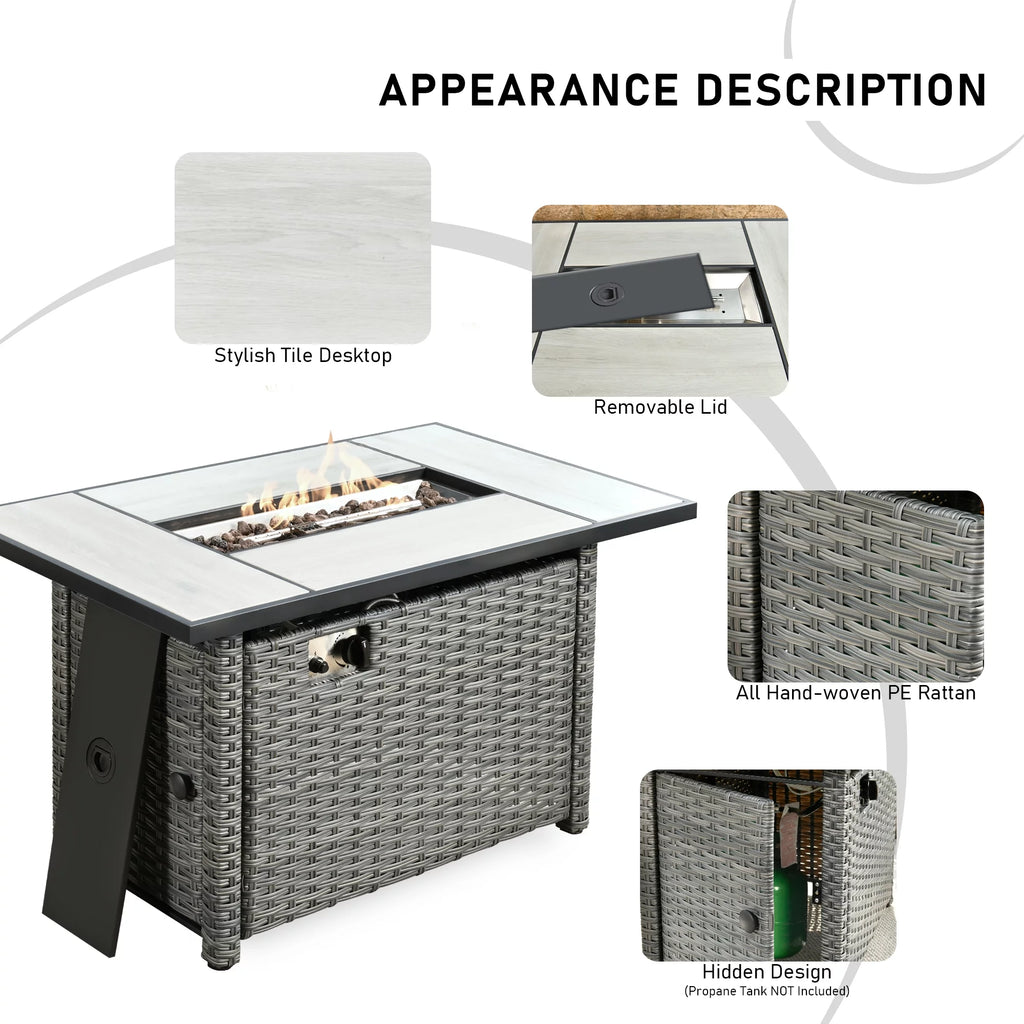 Outdoor Wicker Propane Fire Pit Table 42-Inch 50,000 BTU with Cover & Lid L36339