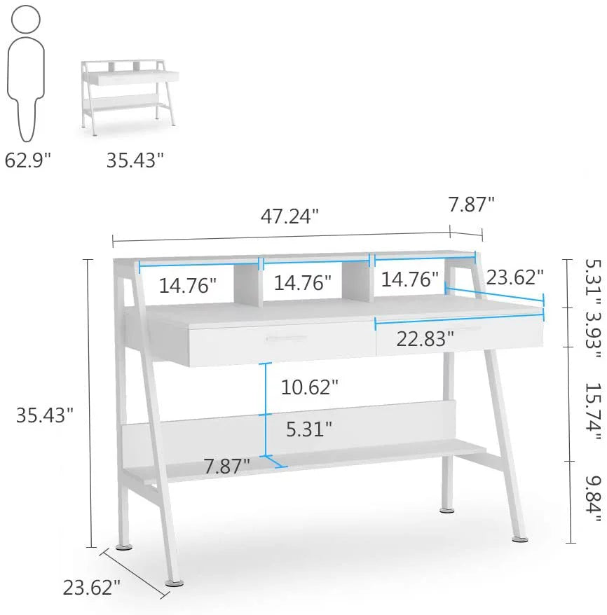 White Computer Desk with 2 Drawers and Storage Shelf Z109417