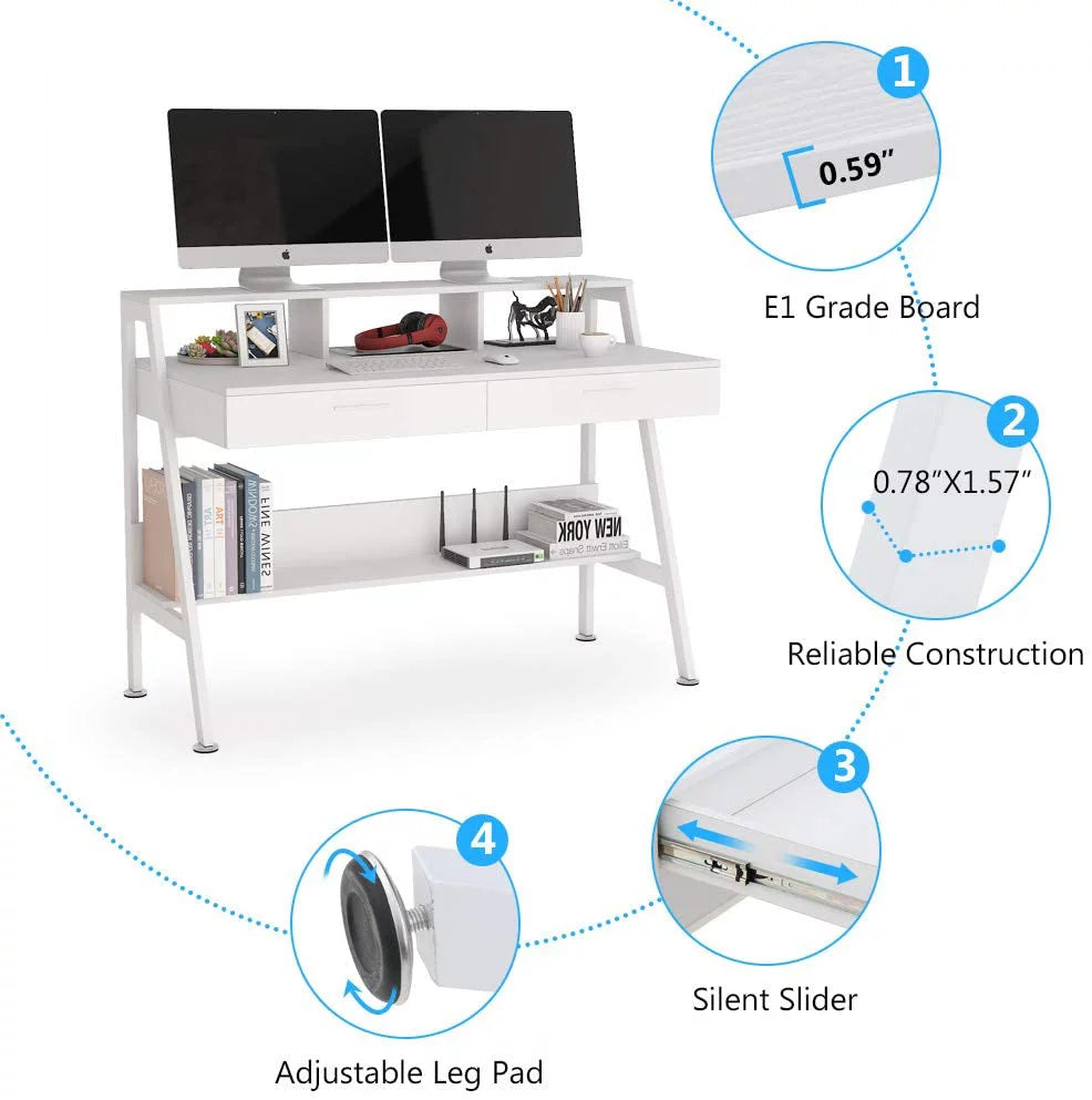 White Computer Desk with 2 Drawers and Storage Shelf Z109417
