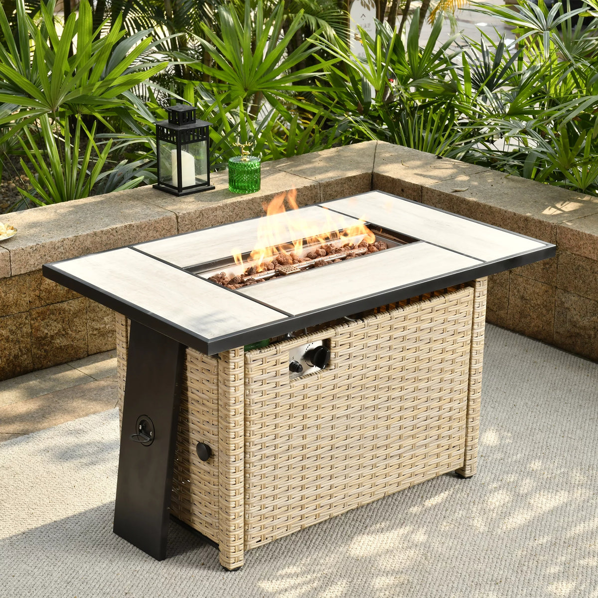 Outdoor Wicker Propane Fire Pit Table 42-Inch 50,000 BTU with Cover & Lid L36339