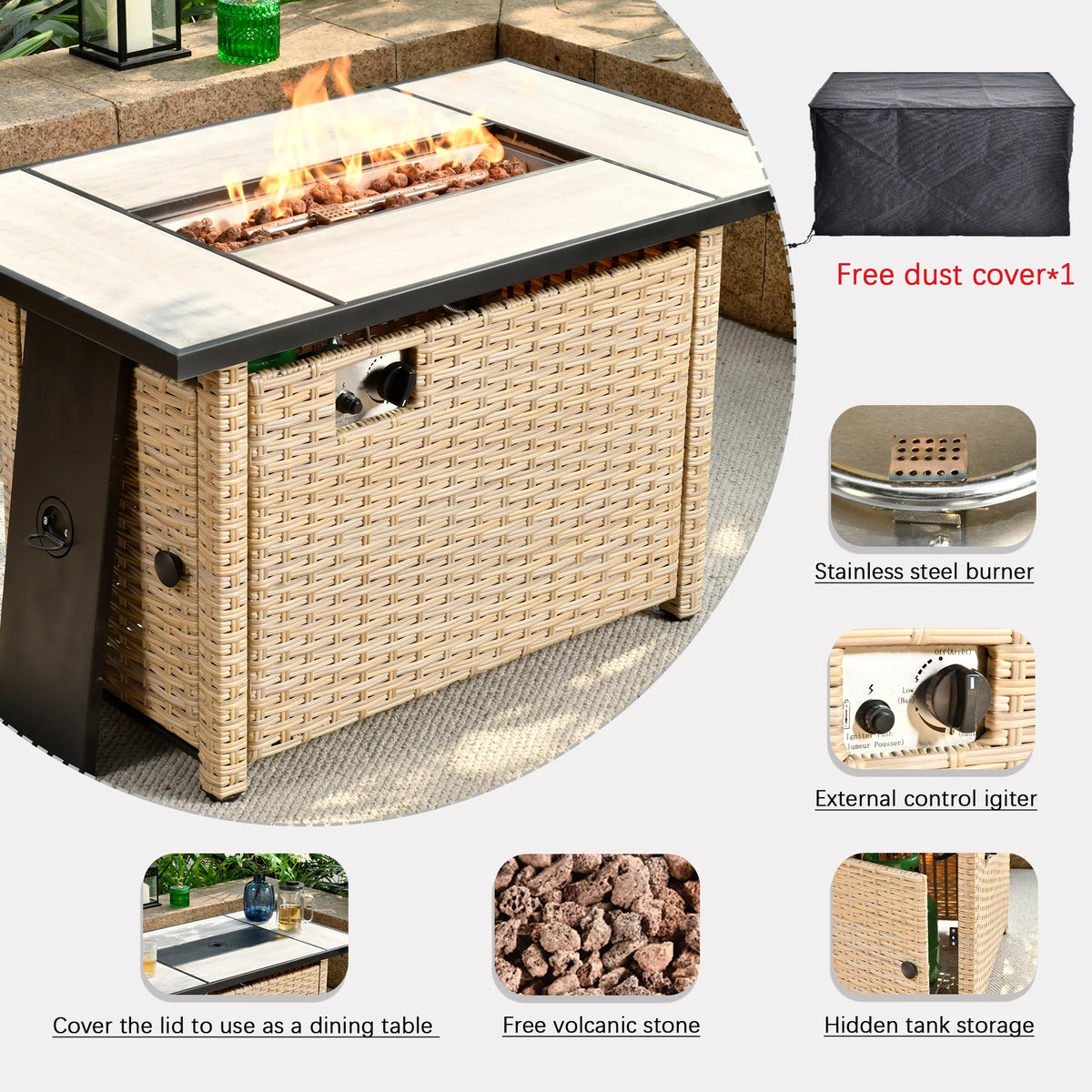 Outdoor Wicker Propane Fire Pit Table 42-Inch 50,000 BTU with Cover & Lid L36339
