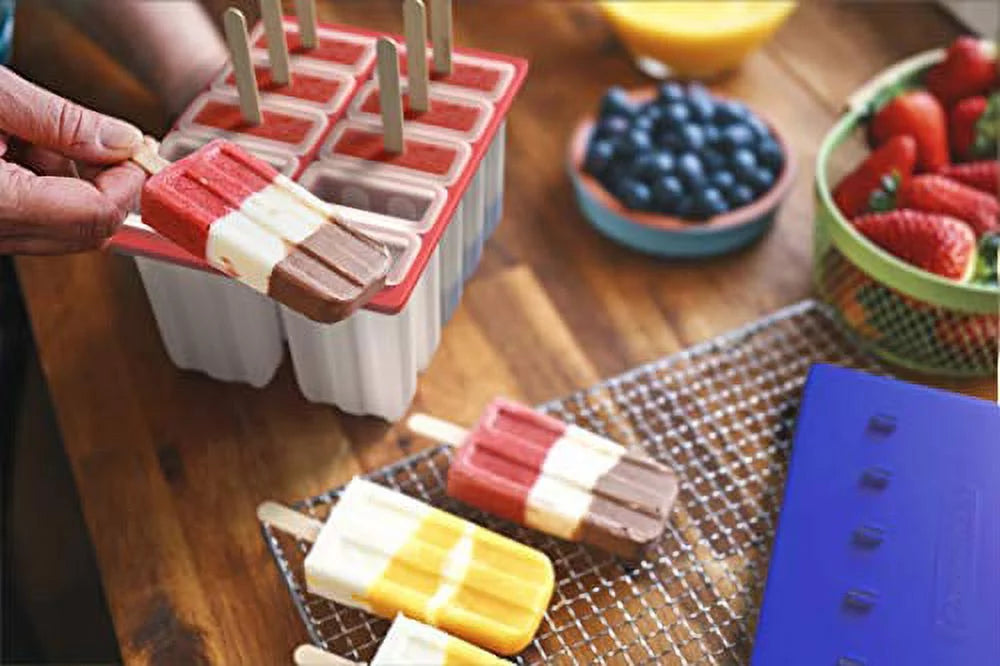10 Large BPA Free Plastic Popsicle Mold Kit with 50 Wood Sticks and Cleaning Brush Y56499