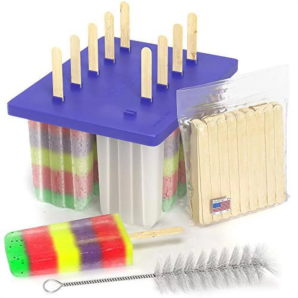 10 Large BPA Free Plastic Popsicle Mold Kit with 50 Wood Sticks and Cleaning Brush Y56499