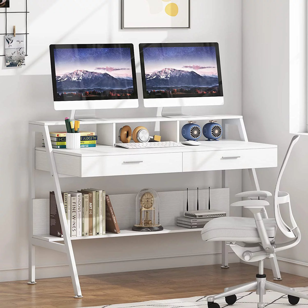 White Computer Desk with 2 Drawers and Storage Shelf Z109417