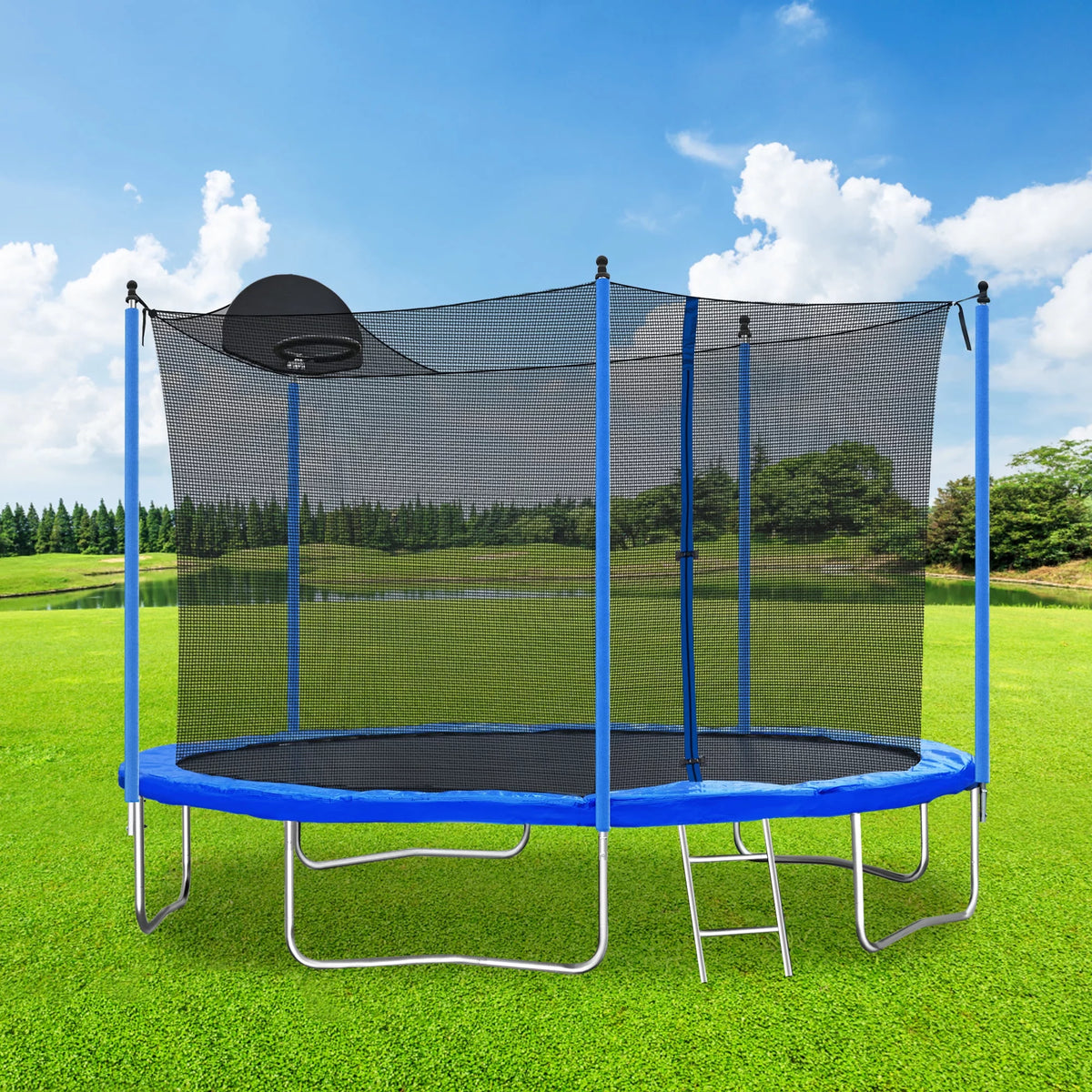 12 FT Trampoline with Safety Enclosure Net, Basketball Hoop and Ladder T197736