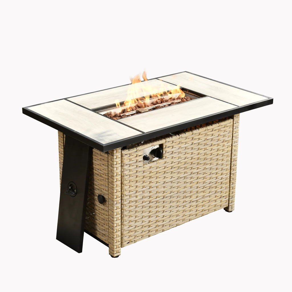 Outdoor Wicker Propane Fire Pit Table 42-Inch 50,000 BTU with Cover & Lid L36339
