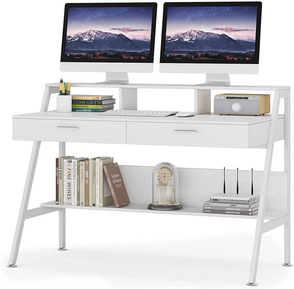 White Computer Desk with 2 Drawers and Storage Shelf Z109417