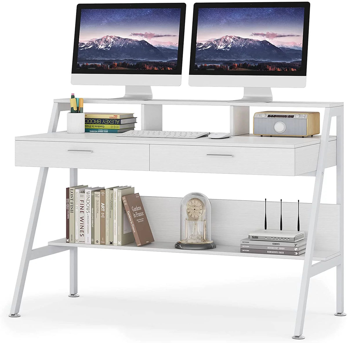 White Computer Desk with 2 Drawers and Storage Shelf Z109417