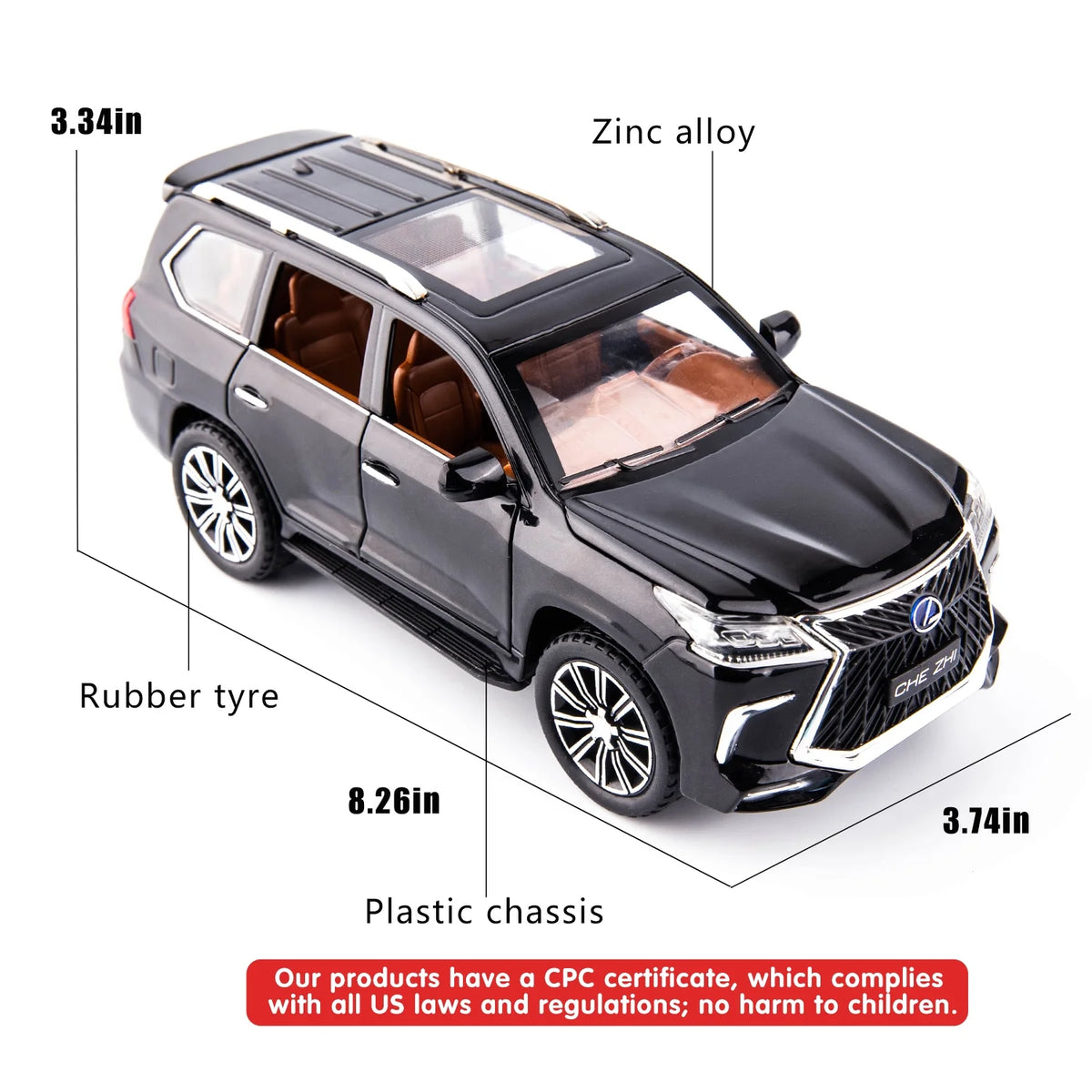1/24 Lexus 570 Off-Road Luxury SUV Model Car, Zinc Alloy Pull Back Toy Car with Sound and Light F345