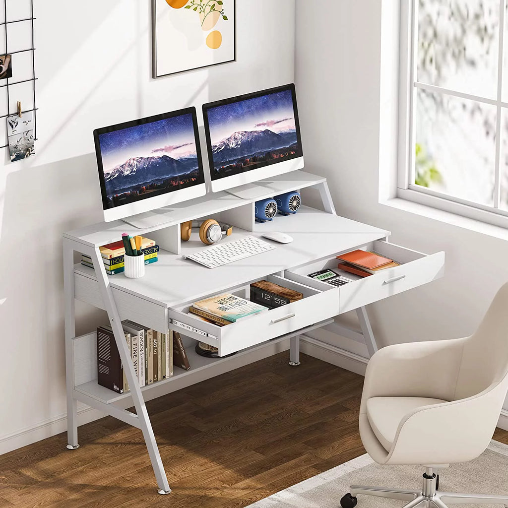White Computer Desk with 2 Drawers and Storage Shelf Z109417