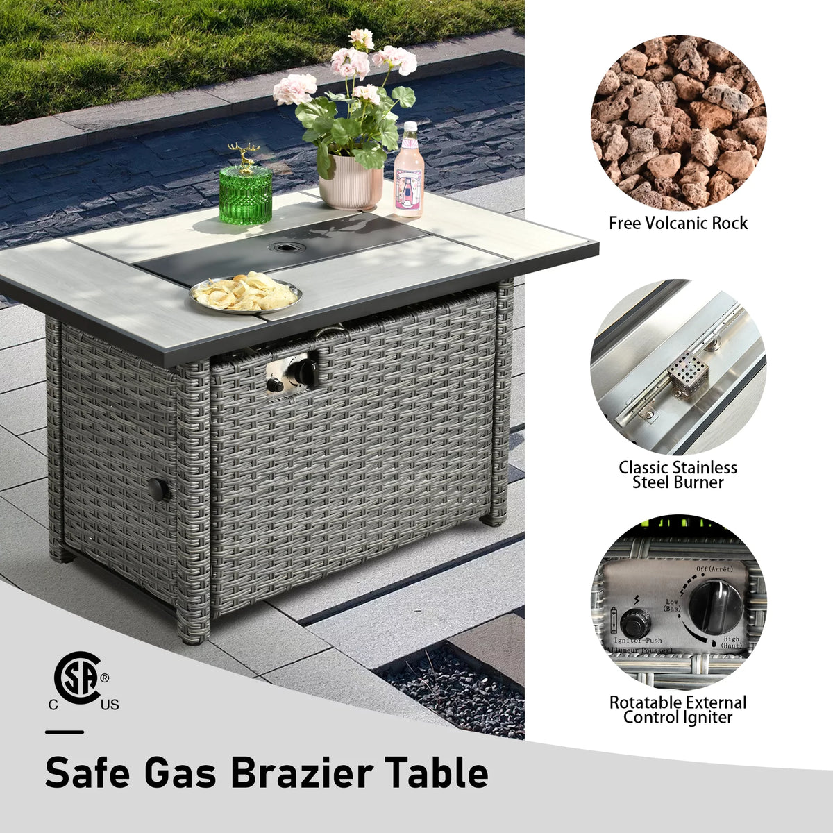 Outdoor Wicker Propane Fire Pit Table 42-Inch 50,000 BTU with Cover & Lid L36339