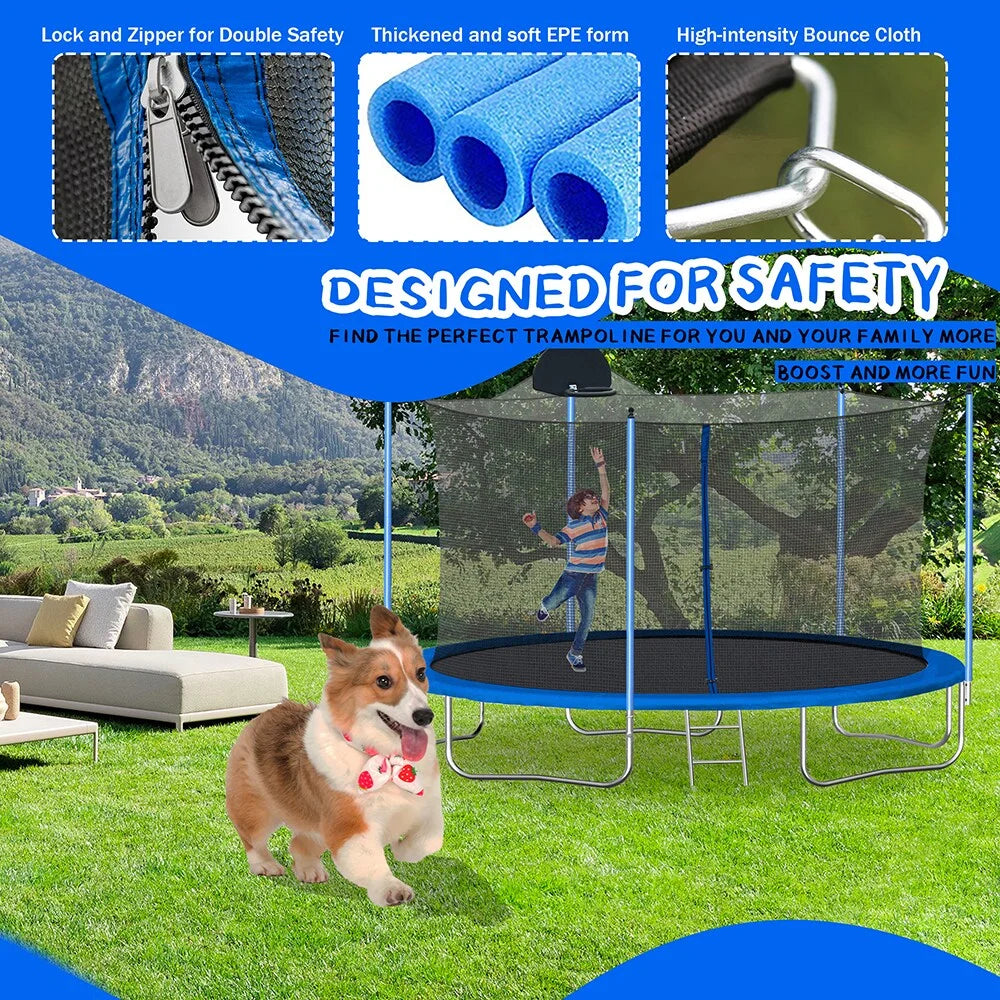 12 FT Trampoline with Safety Enclosure Net, Basketball Hoop and Ladder T197736