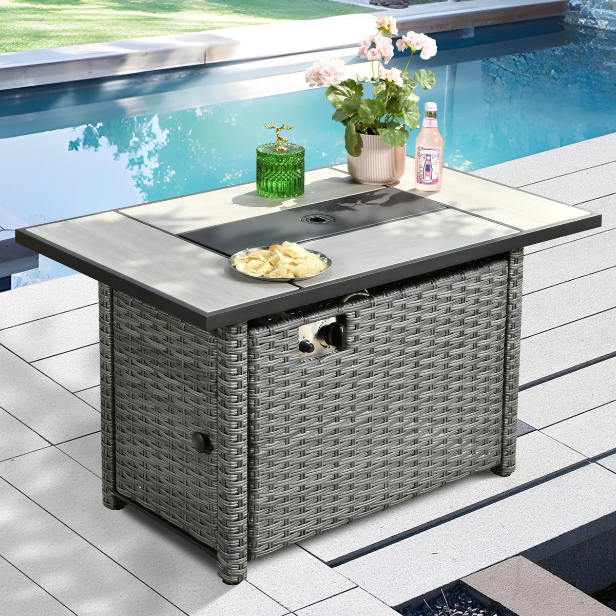 Outdoor Wicker Propane Fire Pit Table 42-Inch 50,000 BTU with Cover & Lid L36339
