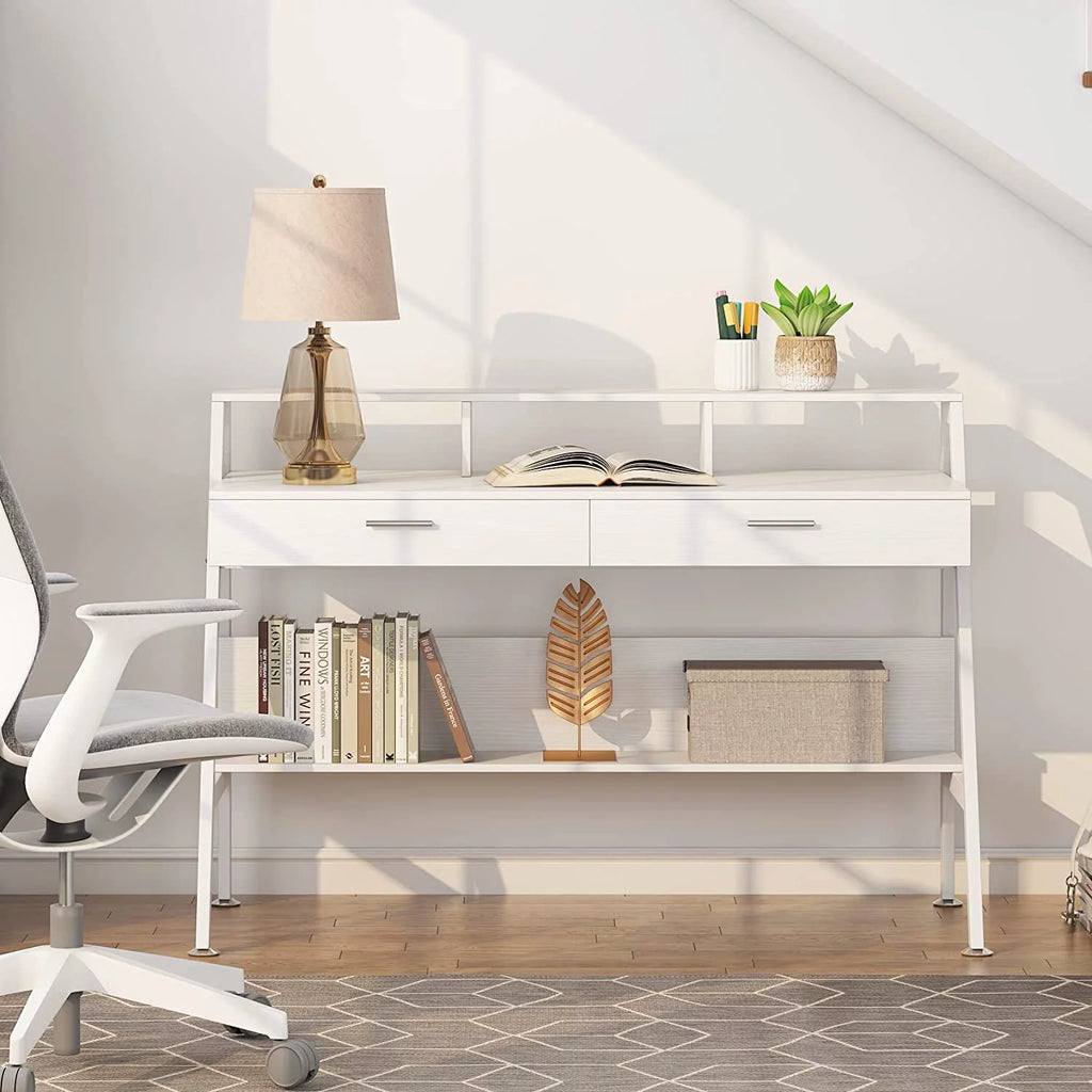 White Computer Desk with 2 Drawers and Storage Shelf Z109417